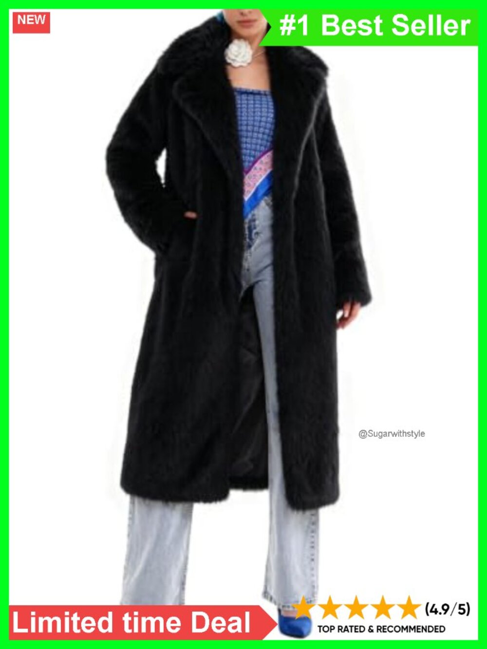 Womens Long Faux Fur Coat Oversized Lapel Snap Button Furry Winter Jacket